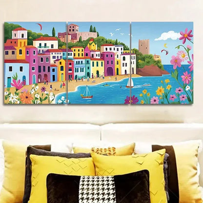 3pcs Vibrant Mediterranean Town Wall Art Canvas Unframed - High Quality Print 100% Australian Made Wall Canvas