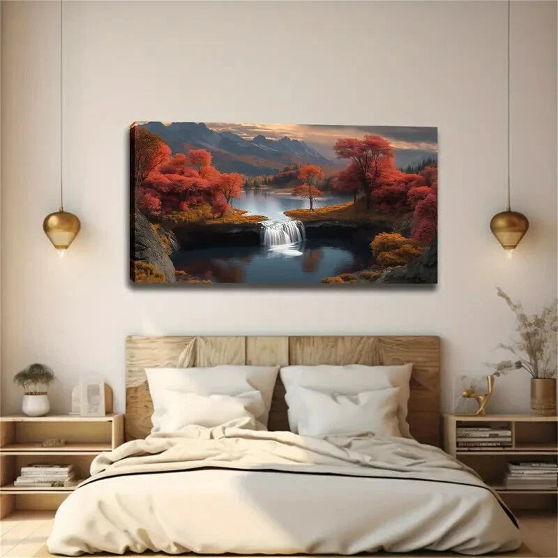 Red Leaf Forest & Mountain Wall Art canvas office home room framed 120x60cm - Bella Home Decor