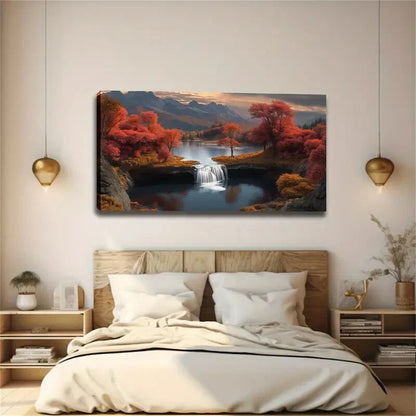 Red Leaf Forest & Mountain Wall Art canvas office home room framed 120x60cm - Bella Home Decor