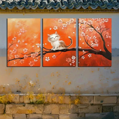 3pcs Vibrant Cat on the cherry Floral tree Metal Print Ready to Hang Art - Bella Home Decor