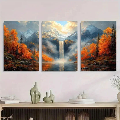 3pcs Autumn Waterfall Misty Mountain Perfect Wall Art Set Canvas Framed 50x70cm - High Quality Print 100% Australian Made Wall Canvas Ready to Hang - Bella Home Decor