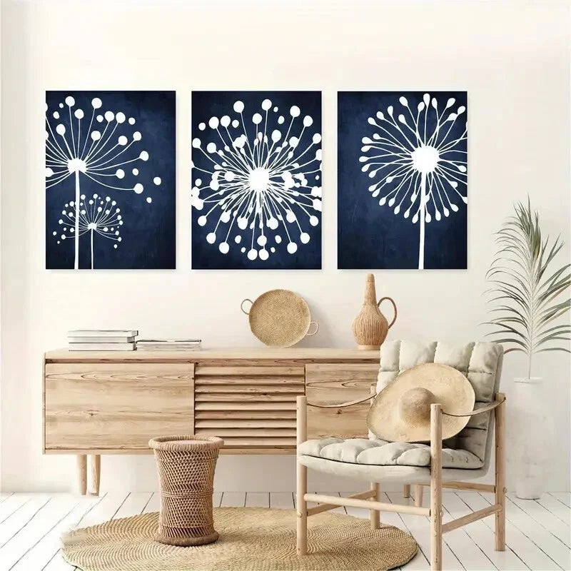 3pcs Blue White Abstract Floral Dandelion Metal Print Ready to Hang Art - Bella Home Decor
