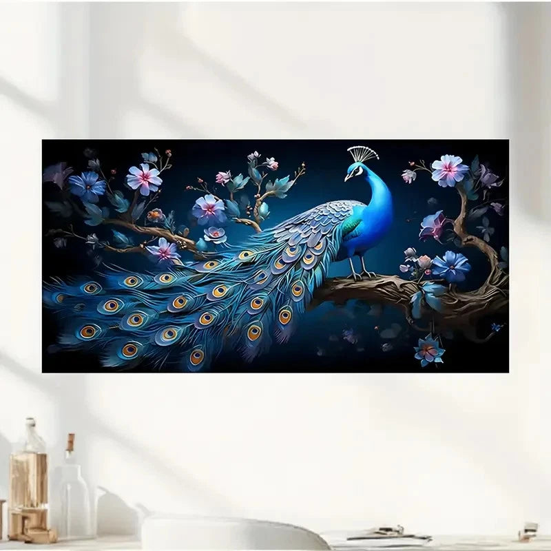 Vibrant Peacock Floral Wall Art Canvas Office Home Room Framed 120x60cm