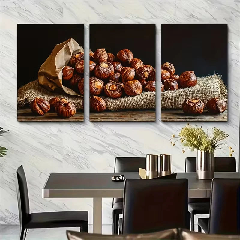 3pcs Rustic Roasted Chestnuts Metal Print Ready to Hang Art