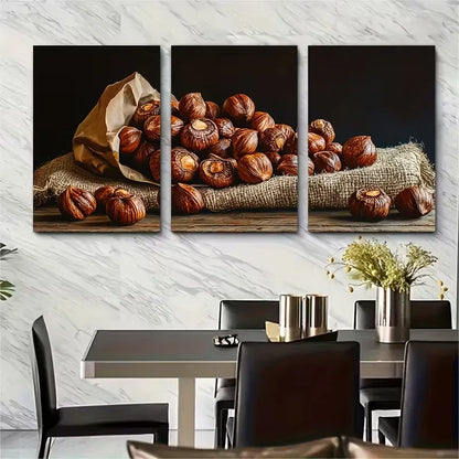 3pcs Rustic Roasted Chestnuts Metal Print Ready to Hang Art