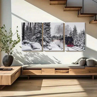3pcs Forest Railway Snow Scene Steam Train  Wall Art Set Canvas Unframed - High Quality Print 100% Australian Made Wall Canvas - Bella Home Decor
