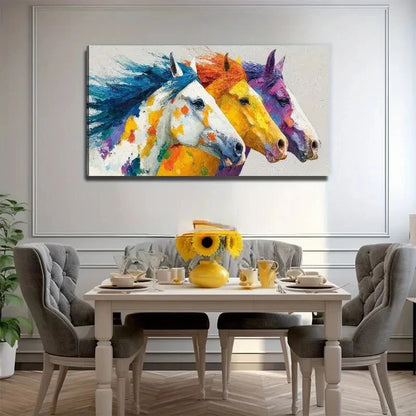 Three Colorful Horses Wall Art Canvas Office Home Room Framed 120x60cm