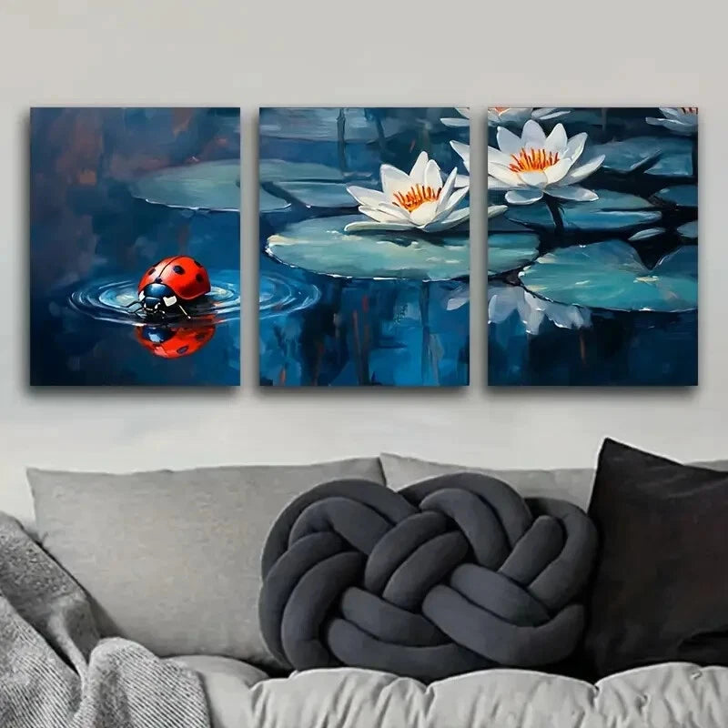 3pcs Ladybugs on Water Lilies Painting Metal Print Ready to Hang Art - Bella Home Decor