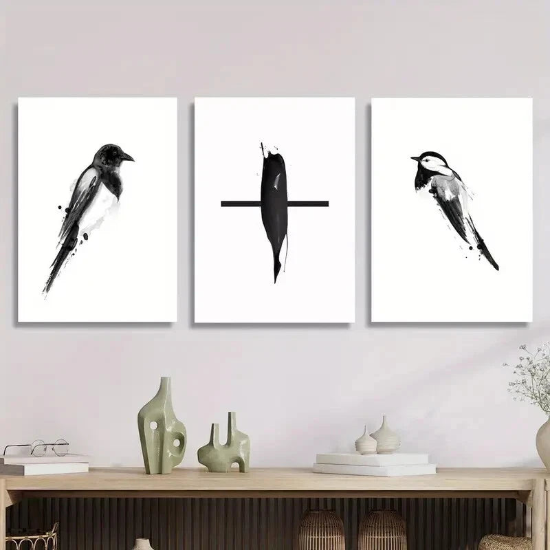 3pcs Black and White Magpie Chinese Pen Bird, Metal Print Ready to Hang Art - Bella Home Decor