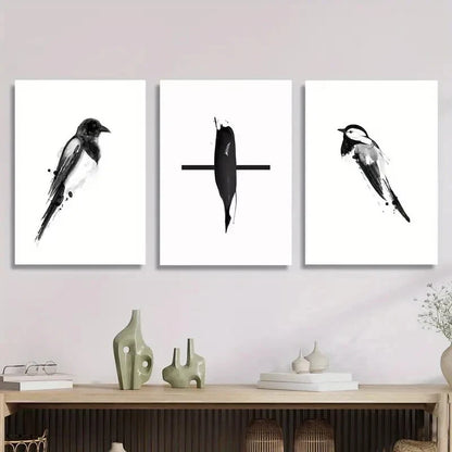 3pcs Black and White Magpie Chinese Pen Bird, Metal Print Ready to Hang Art - Bella Home Decor