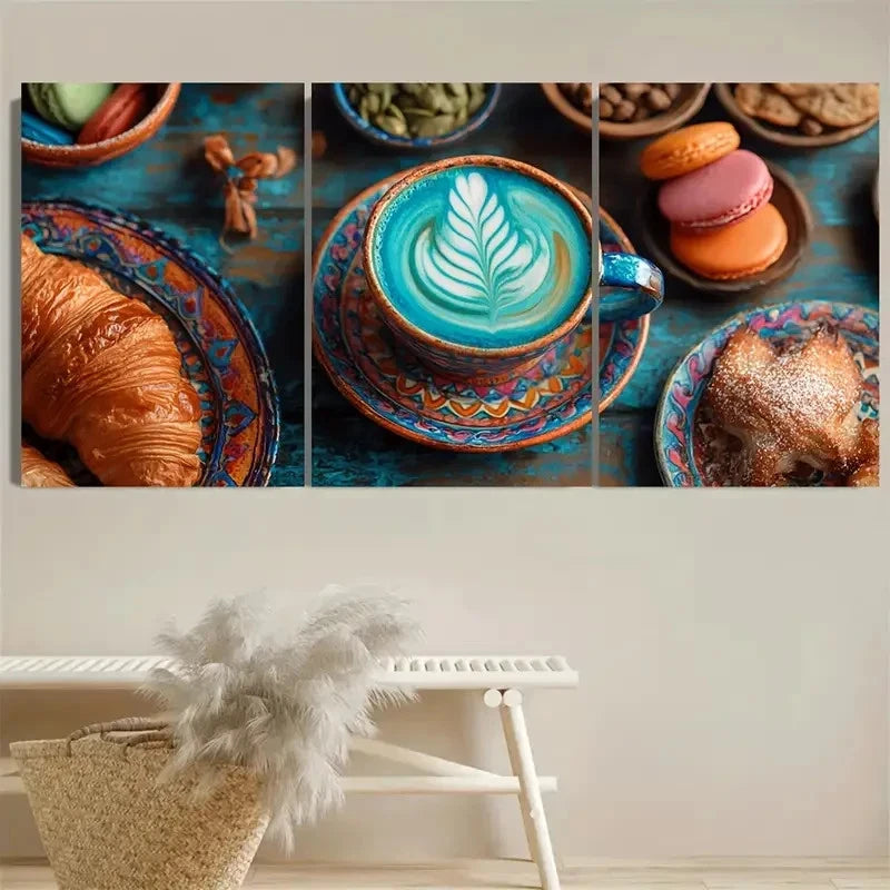 3pcs Croissants and Coffee Boho Kitchen Wall Art Set Canvas Framed 40x60cm - High Quality Print 100% Australian Made Wall Canvas Ready to Hang - Bella Home Decor