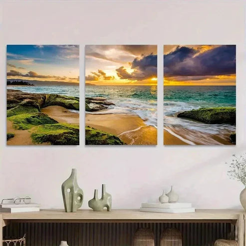 3pcs Vibrant Ocean & Rocks Landscape Sunset Wall Art Set Canvas Unframed - High Quality Print 100% Australian Made Wall Canvas
