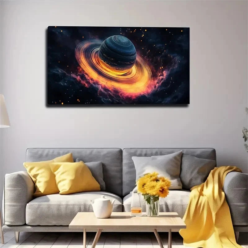 A Planet With Yellow Halo Wall Art Canvas Office Home Room Framed 120x60cm