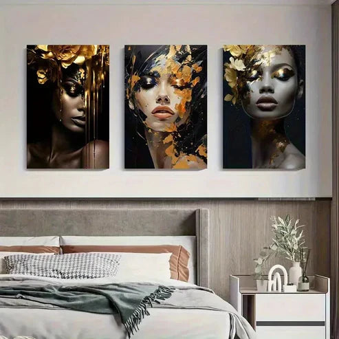 3pcs Golden Floral Portrait Women Décor Perfect  Wall Art Set Canvas Unframed - High Quality Print 100% Australian Made Wall Canvas - Bella Home Decor