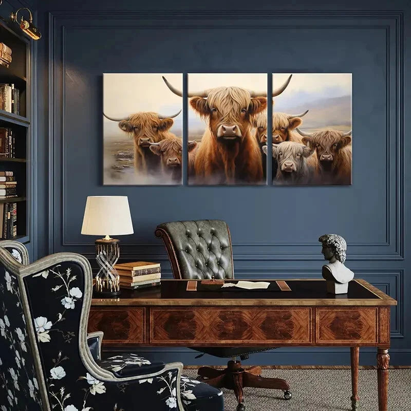 3pcs Posters of Majestic Highland Cattle with Horn Metal Print Ready to Hang Art - Bella Home Decor
