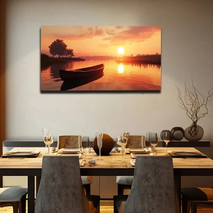 Serene Sunset Boat Scene Grass Wall Art Canvas Office Home Room Framed 120x60cm - Bella Home Decor