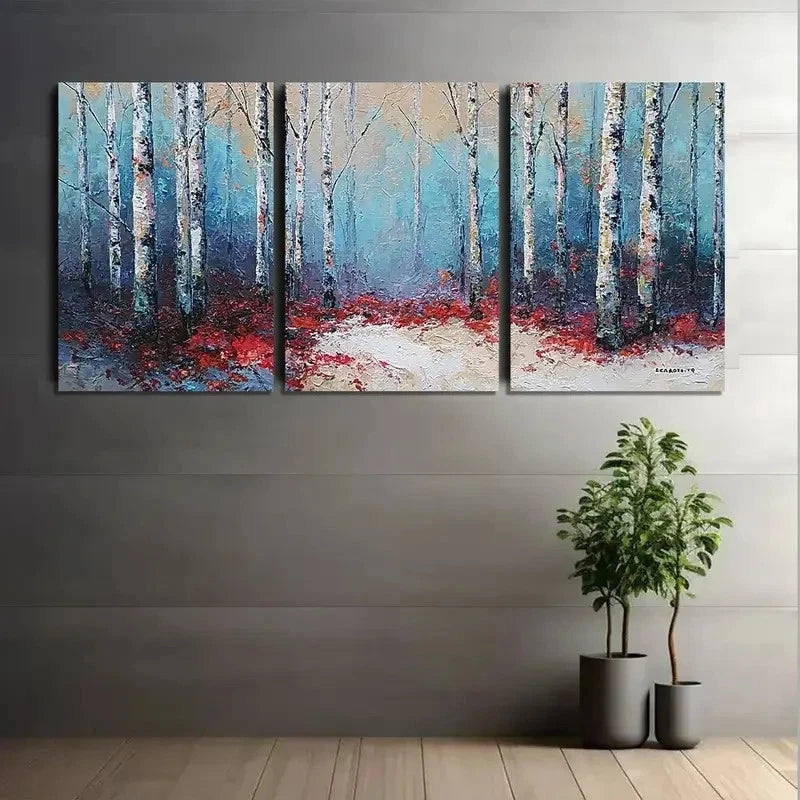 3pcs Abstract Winter Birch Forest with Red Leaves Metal Print Ready to Hang Art - Bella Home Decor