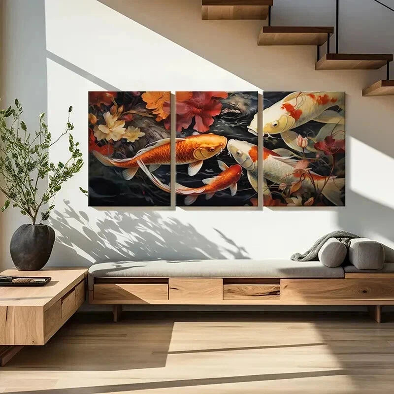 3pcs Japanese Style Koi Fish & Flowers Wall Art Set Canvas Framed 40x60cm - High Quality Print 100% Australian Made Wall Canvas Ready to Hang - Bella Home Decor