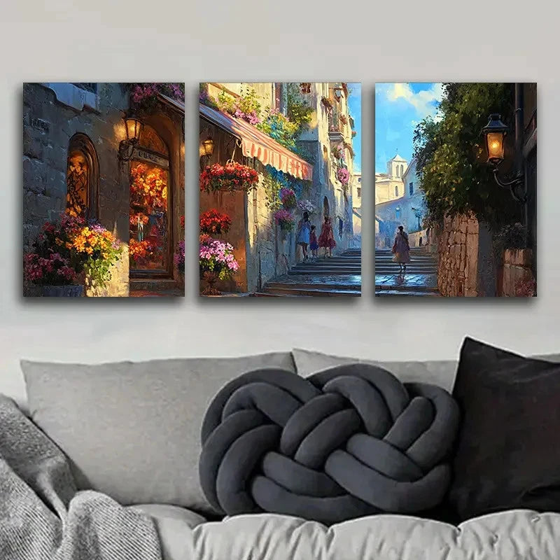 3pcs European Street View Painting Metal Print Ready to Hang Art