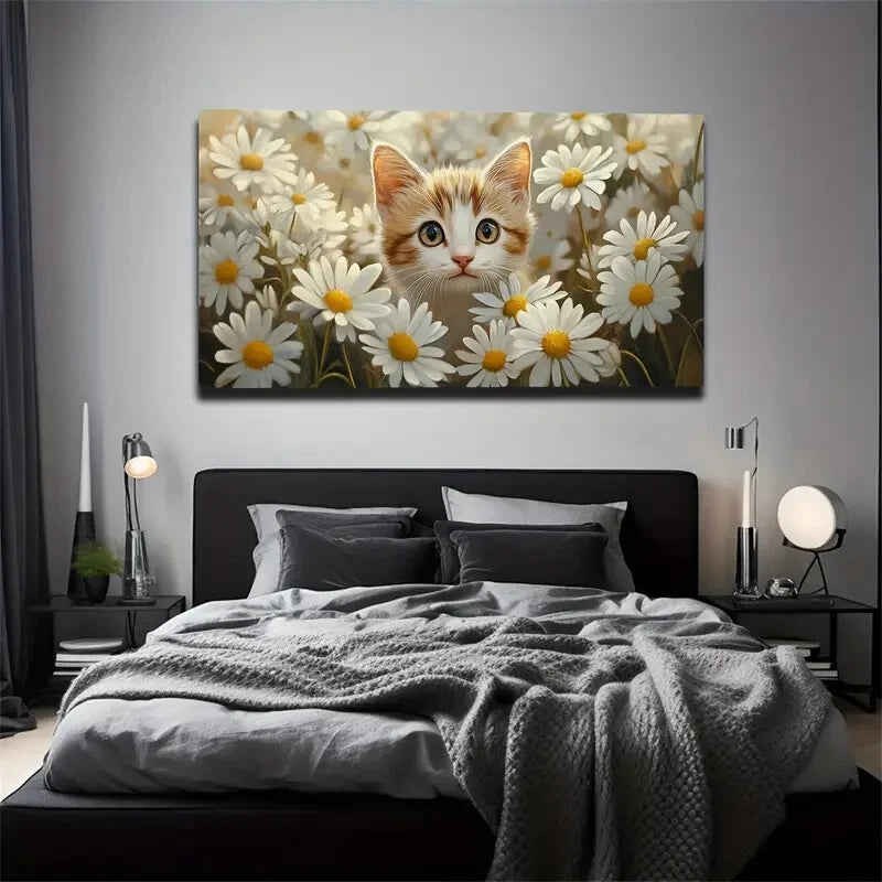 A Kitten Is Placed In A Daisies Wall Art Canvas Office Home Room Framed 120x60cm - Bella Home Decor