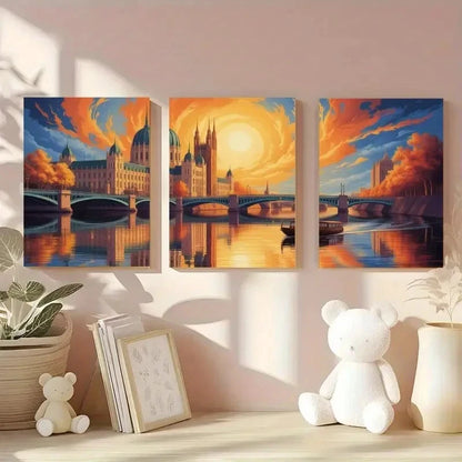 3pcs Cityscape Painting with Parliament Building Metal Print Ready to Hang Art - Bella Home Decor