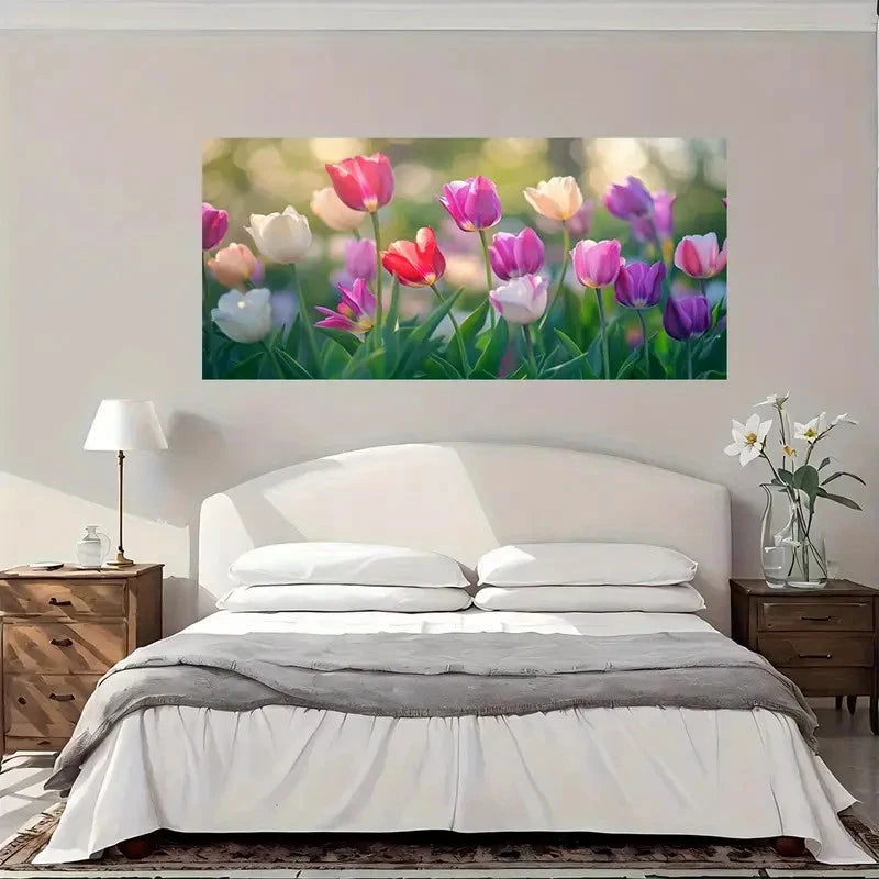 Tulip Garden Vintage Floral Wall Art Canvas Office Home Room Framed 120x60cm