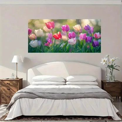 Tulip Garden Vintage Floral Wall Art Canvas Office Home Room Framed 120x60cm