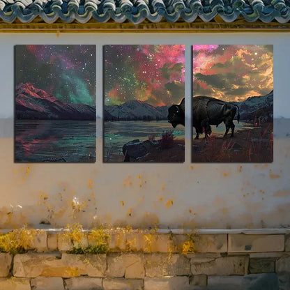 3pcs Vibrant Bull near Lake Illustration Metal Print Ready to Hang Art