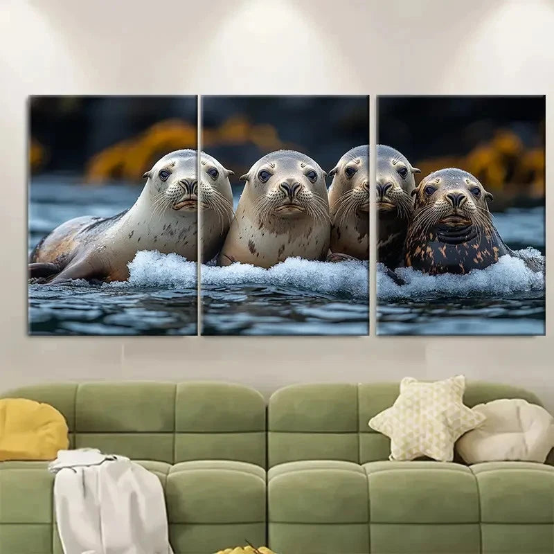3pcs Sea Lions Huddled ri  Wall Art Set Canvas Framed 50x70cm - High Quality Print 100% Australian Made Wall Canvas Ready to Hang