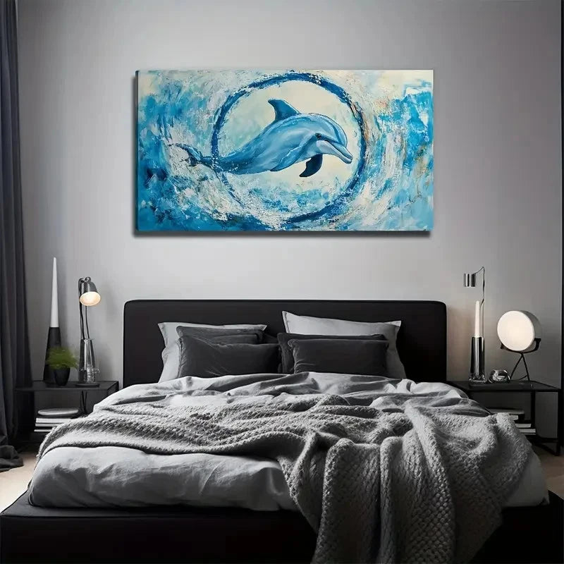 Flat Hoop Dolphin Suitable Wall Art Canvas Office Home Room Framed 120x60cm