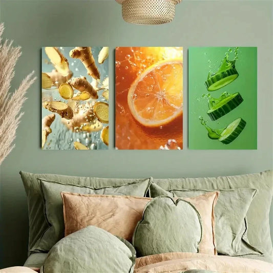 3pcs Ginger, Orange, and Cucumber splashes Metal Print Ready to Hang Art