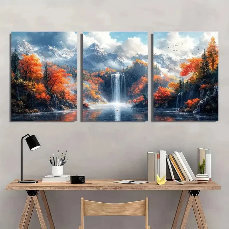 3pcs Vibrant Forest Waterfall & Misty Peaks Scene Metal Print Ready to Hang Art - Bella Home Decor