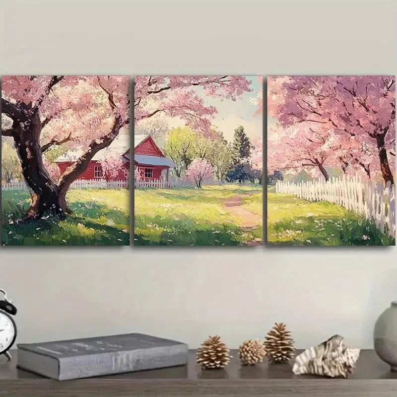 3pcs Featuring a Pink Cherry Blossom Tree Painting Metal Print Ready to Hang Art - Bella Home Decor
