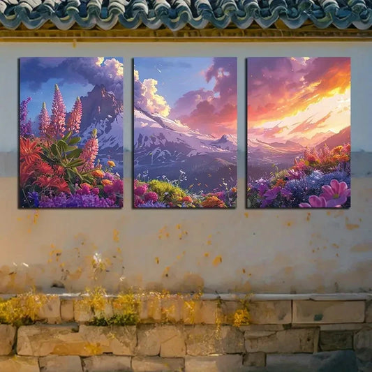 3pcs Butterflies and Trees with Sunset Volcanic Metal Print Ready to Hang Art