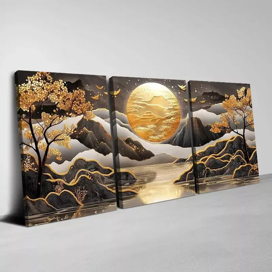 3pcs Beautiful Golden Sun Mountain Trees View Wall Art Set Canvas Framed 40x60cm - High Quality Print 100% Australian Made Wall Canvas Ready to Hang