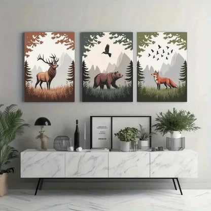 3pcs Deer, Bear, Fox, Pine Trees Wall Art Canvas Unframed - High Quality Print 100% Australian Made Wall Canvas - Bella Home Decor