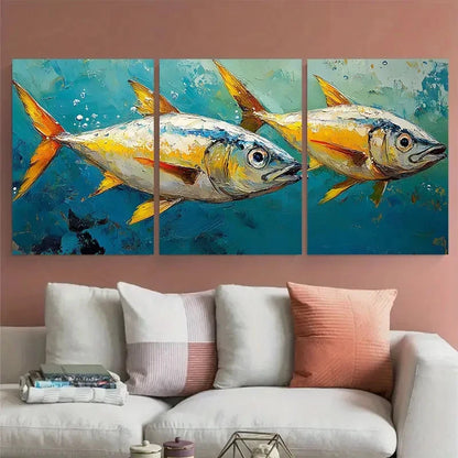 3pcs Sardine Sea Fish Impasto Underwater Wall Art Set Canvas Framed 40x60cm - High Quality Print 100% Australian Made Wall Canvas Ready to Hang - Bella Home Decor