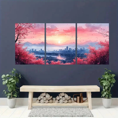 3pcs Cherry Blossom Cityscape Sunset Skyline Metal Print Ready to Hang Art - Bella Home Decor