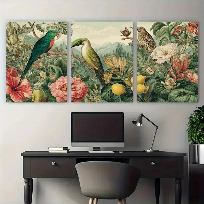 3pcs Botanical Florals & Birds Venezuela Travel Wall Art Set Canvas Framed 50x70cm - High Quality Print 100% Australian Made Wall Canvas Ready to Hang - Bella Home Decor