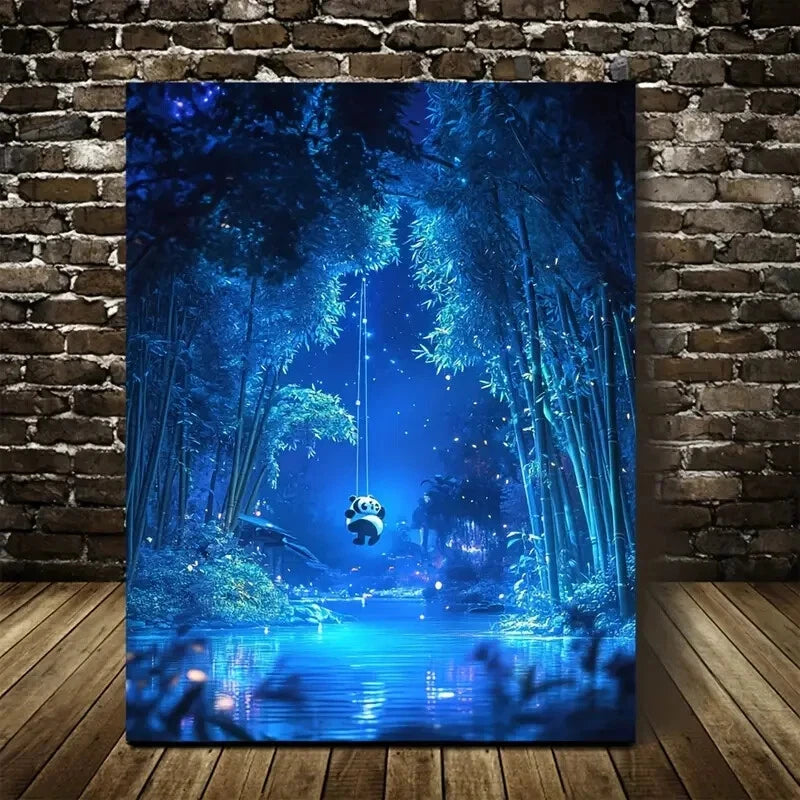 Cartoon Panda Swinging in Bamboo Painting 40x60cm Metal Print Ready to Hang
