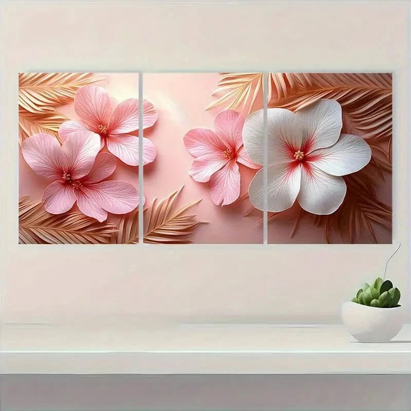 3pcs Pink & White Flowers with Golden Leaves Metal Print Ready to Hang Art - Bella Home Decor