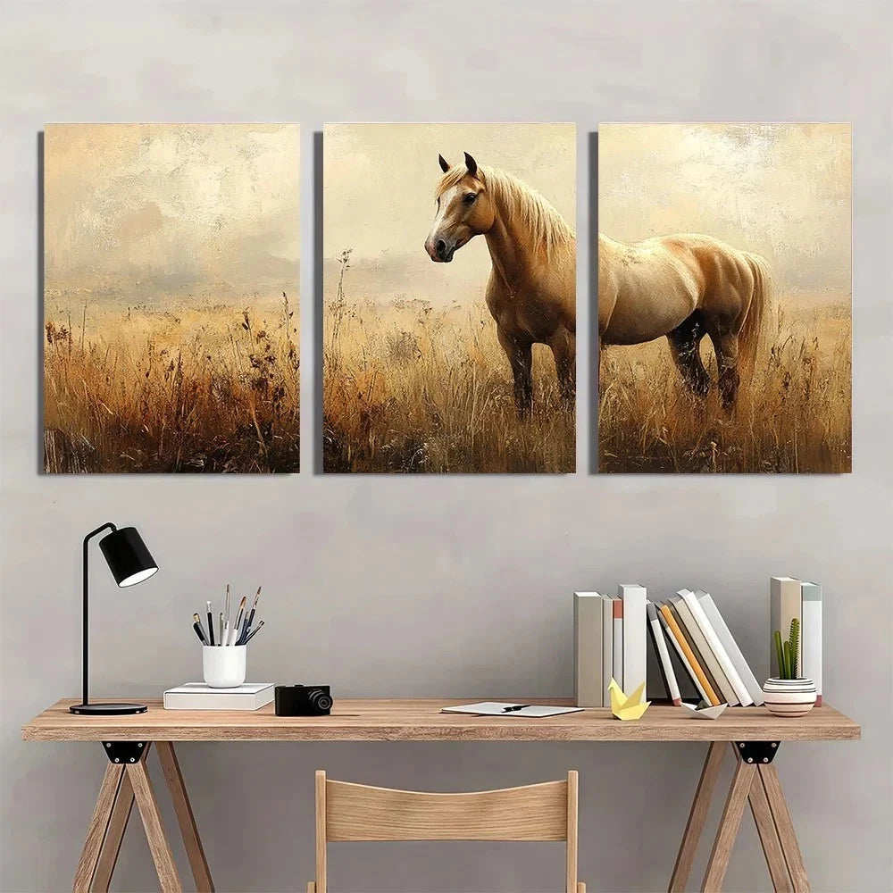 3pcs Brown Horse Tranquil Theme Metal Print Ready to Hang Art - Bella Home Decor