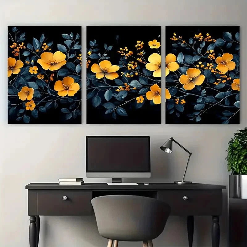 3pcs Modern Black and Yellow Floral Geometric Wall Art Set Canvas Framed 40x60cm - High Quality Print 100% Australian Made Wall Canvas Ready to Hang - Bella Home Decor
