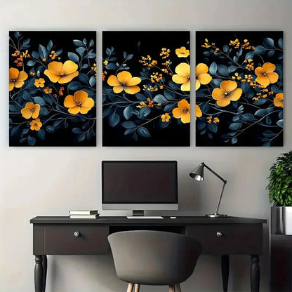 3pcs Modern Black and Yellow Floral Geometric Wall Art Set Canvas Framed 40x60cm - High Quality Print 100% Australian Made Wall Canvas Ready to Hang - Bella Home Decor