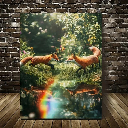 Scene of Fox Chasing Each Other in a Lush Green 40x60cm Metal Print Ready to Hang