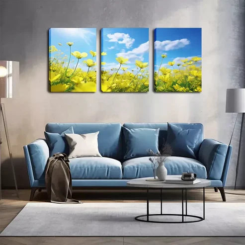 3pcs Clear Sky, Yellow Flowers Wall Art Canvas Unframed - High Quality Print 100% Australian Made Wall Canvas - Bella Home Decor