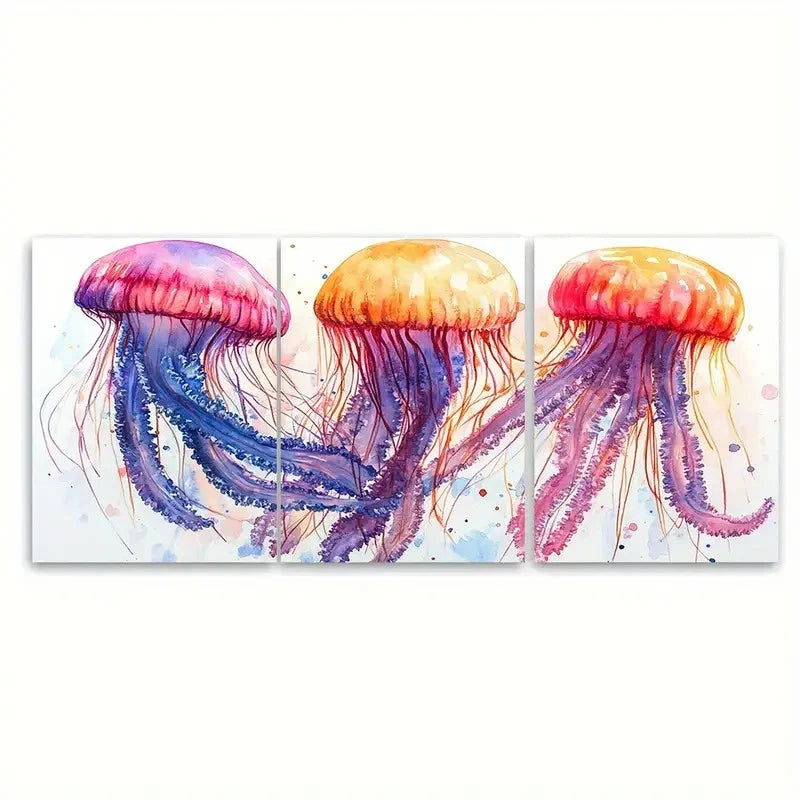 3pcs Colourful Illustrated Jellyfish Gracefully Wall Art Set Canvas Framed 50x70cm - High Quality Print 100% Australian Made Wall Canvas Ready to Hang - Bella Home Decor