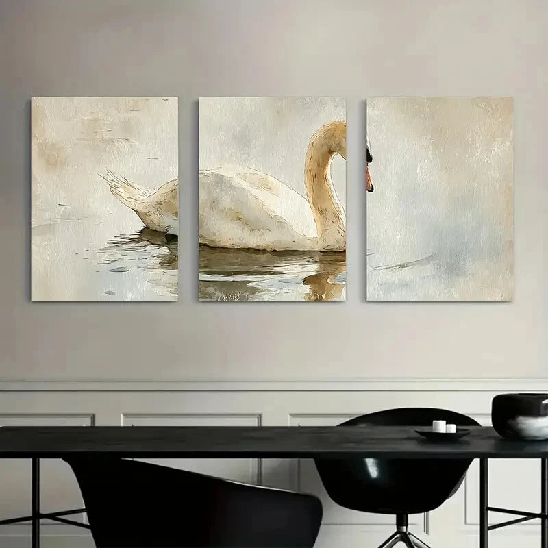 3pcs Elegant Swan Beige & Brown Tones Metal Print Ready to Hang Art - Bella Home Decor