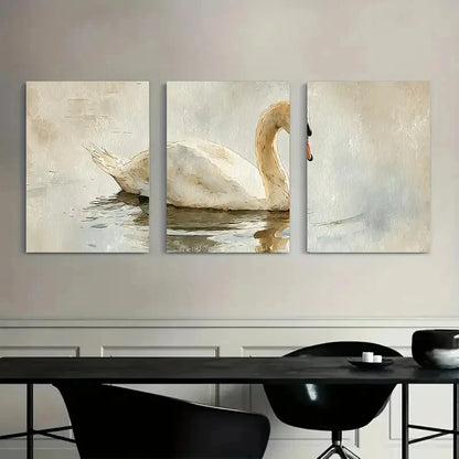 3pcs Elegant Swan Beige & Brown Tones Metal Print Ready to Hang Art - Bella Home Decor