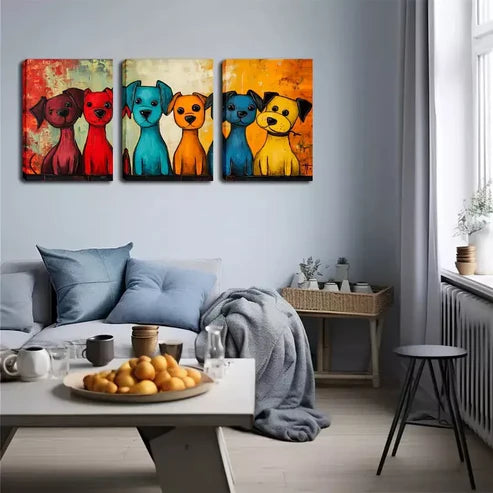 3pcs Vibrant Cartoon Dog Trio Wall Art Canvas Unframed - High Quality Print 100% Australian Made Wall Canvas